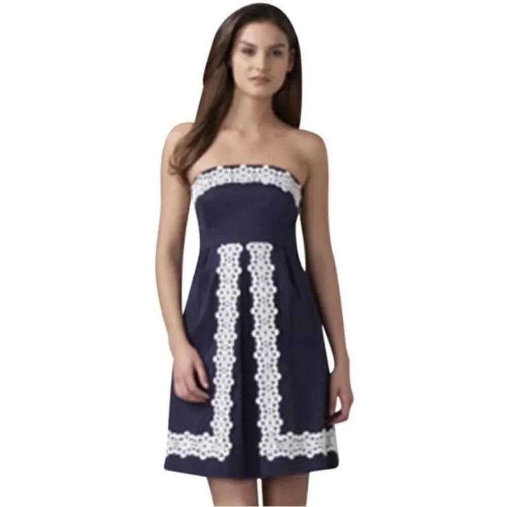 Lily Pulitzer Blue White Embroidered Strapless Classic Modern Dress Preppy - Picture 2 of 13